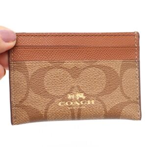 Coach Signature Canvas Card Case Wallet Tan Mahogany Brown Gold Logo